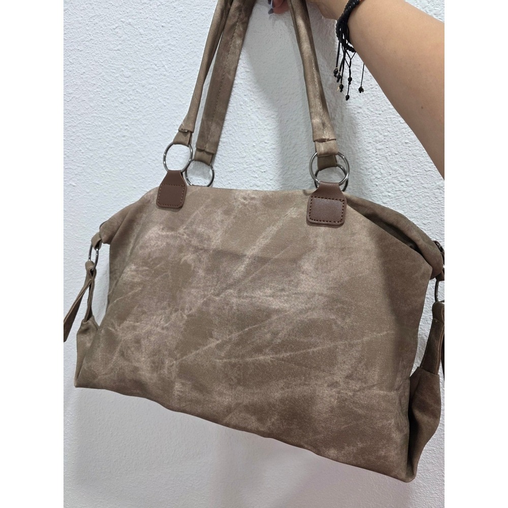 Tan Distressed Canvas Studded Shoulder Bag Western Boho Tote Khakir - Picture 5 of 8
